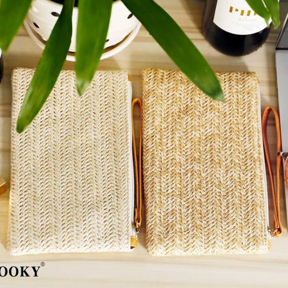 Womens Straw Clutch Bag Bohemian Summer Beach Straw Purse Zipper Wristlet Wallet - Picture 7 of 7